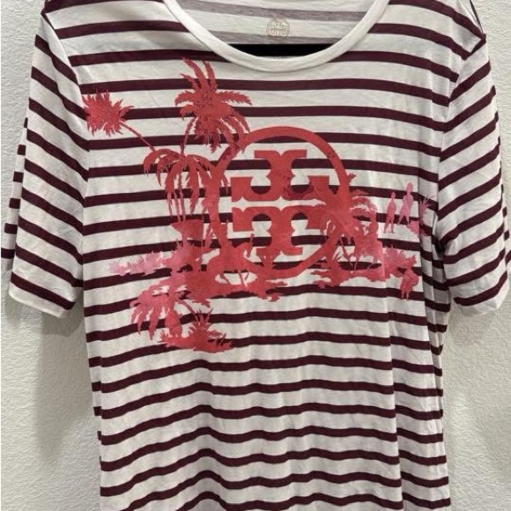 Tory Burch Maroon and White Striped Tee